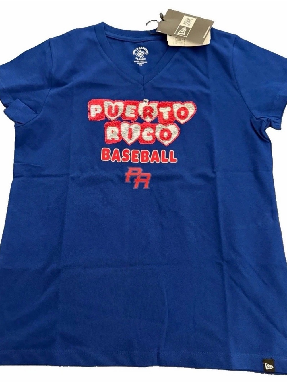 New Era Puerto Rico World Baseball Classic V-Neck Shirt Blue Sequins 10/12